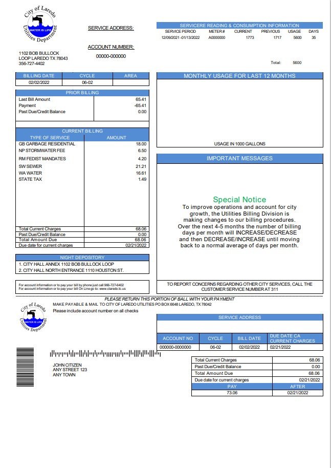 USA Texas City of Laredo Utilities Department water utility bill template in Word and PDF format